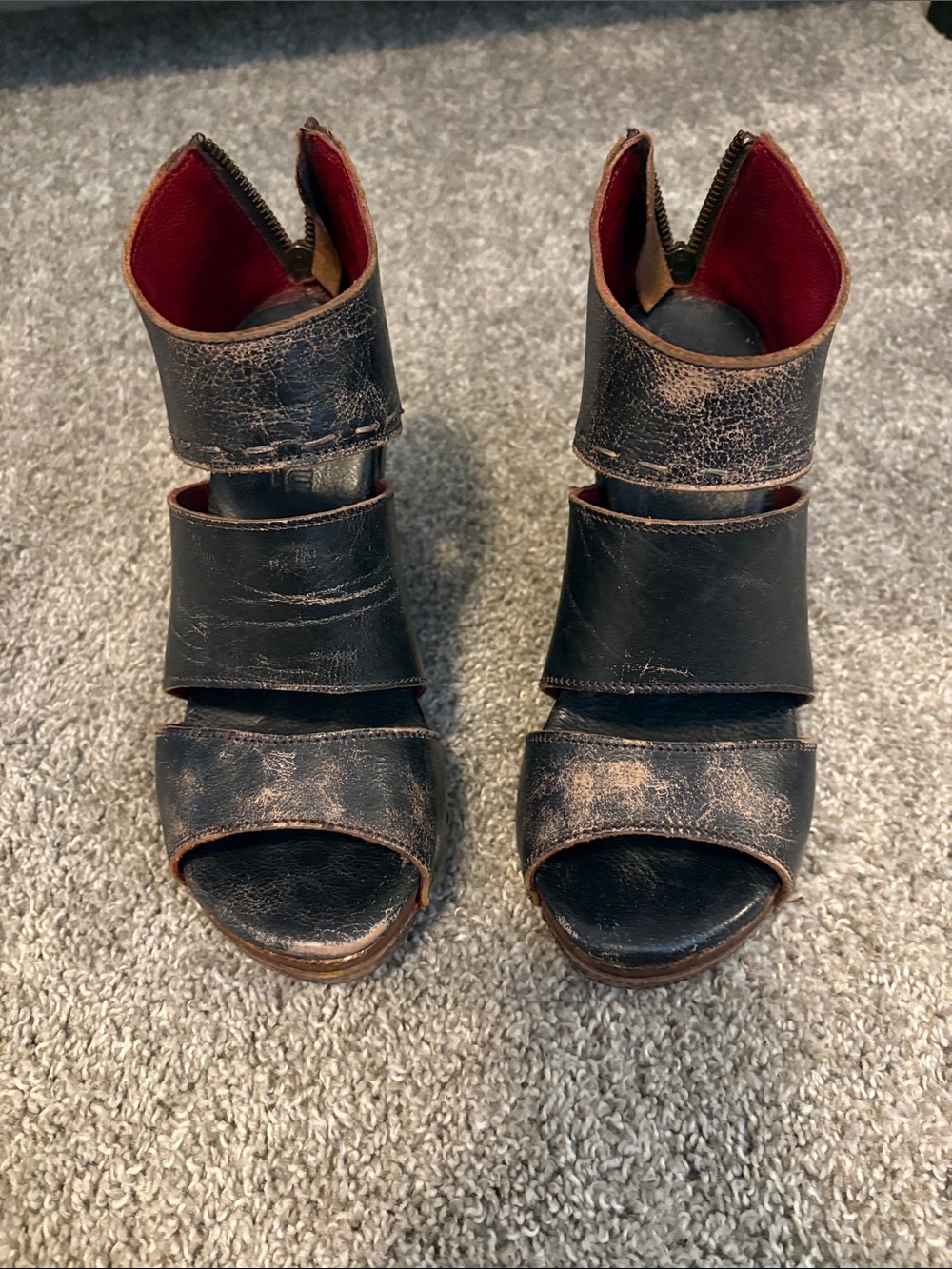 Bed Stu Jacey - Women's Black Distressed Leather Strappy Open-Toe Heels